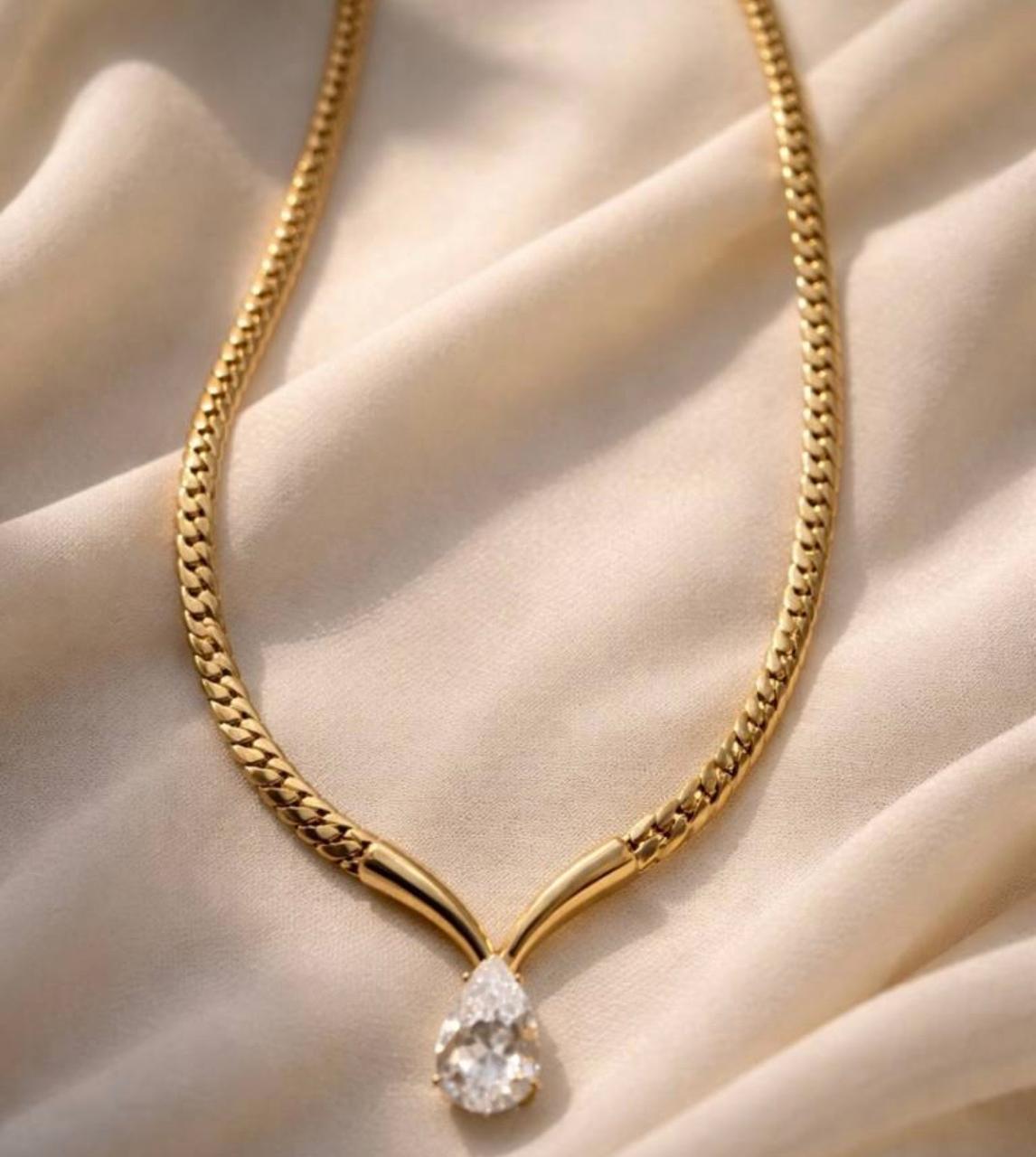 Teardrop Solitaire Cuban Chain Necklace – 24Kt Gold Plated