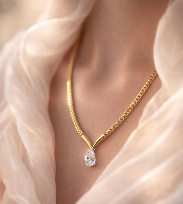 Teardrop Solitaire Cuban Chain Necklace – 24Kt Gold Plated